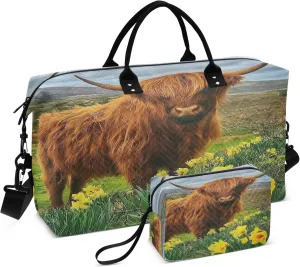 Exnundod Women Weekender Bags Spring Highland Cattle Flower Travel Duffel Bags Carry On Overnight Bag Large Hospital Tote Luggage