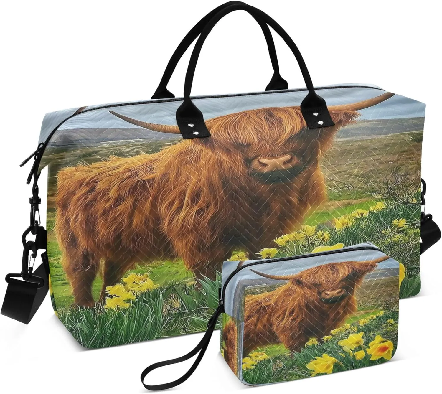 Exnundod Women Weekender Bags Spring Highland Cattle Flower Travel Duffel Bags Carry On Overnight Bag Large Hospital Tote Luggage