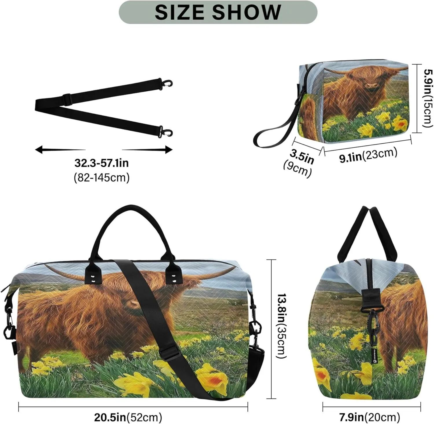 Exnundod Women Weekender Bags Spring Highland Cattle Flower Travel Duffel Bags Carry On Overnight Bag Large Hospital Tote Luggage