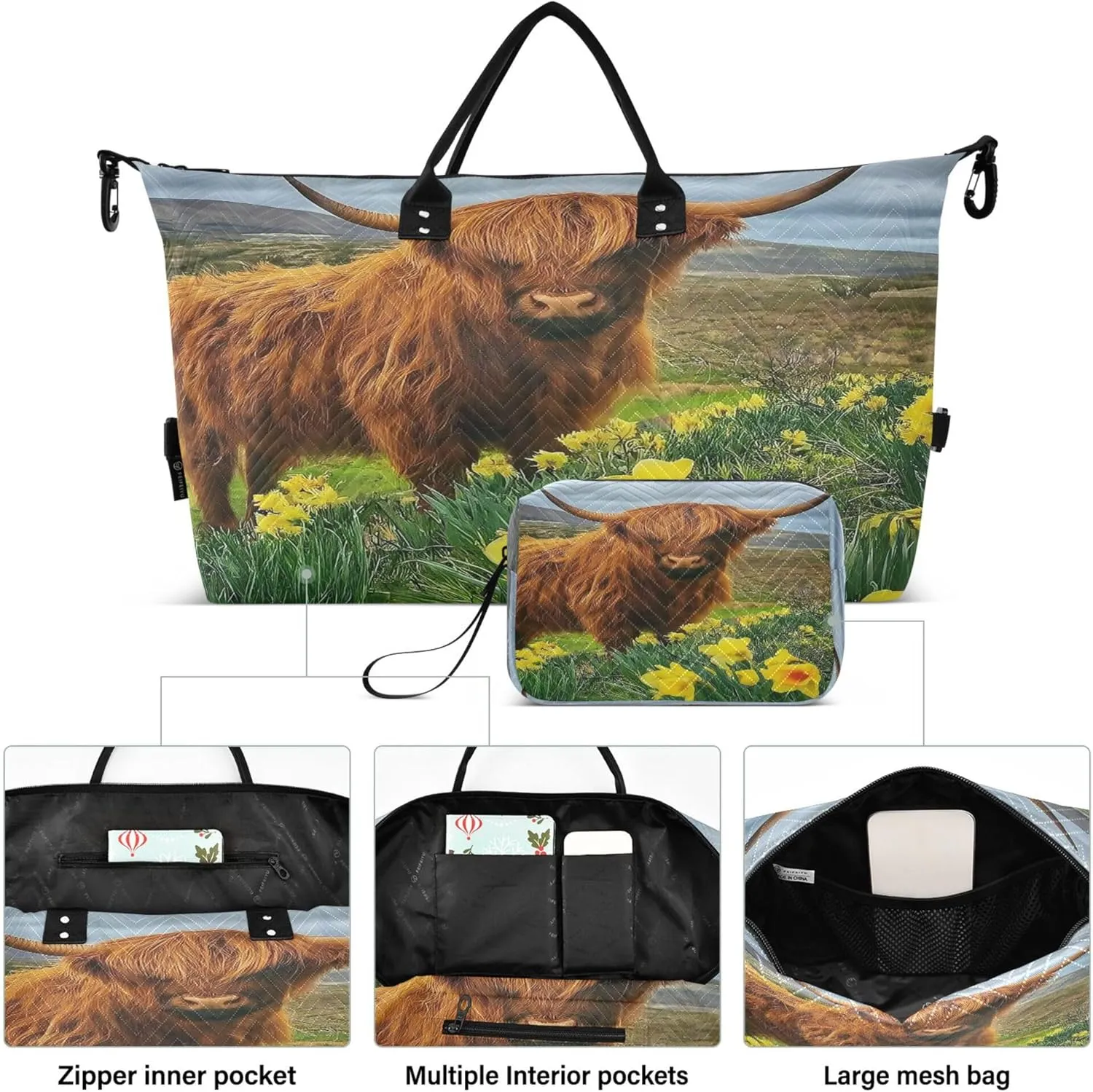 Exnundod Women Weekender Bags Spring Highland Cattle Flower Travel Duffel Bags Carry On Overnight Bag Large Hospital Tote Luggage