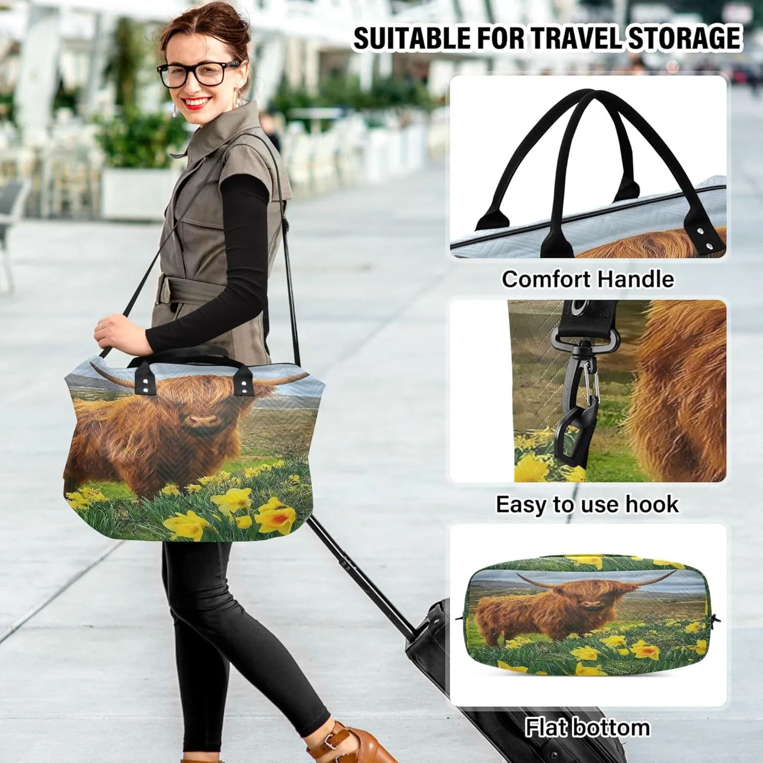 Exnundod Women Weekender Bags Spring Highland Cattle Flower Travel Duffel Bags Carry On Overnight Bag Large Hospital Tote Luggage