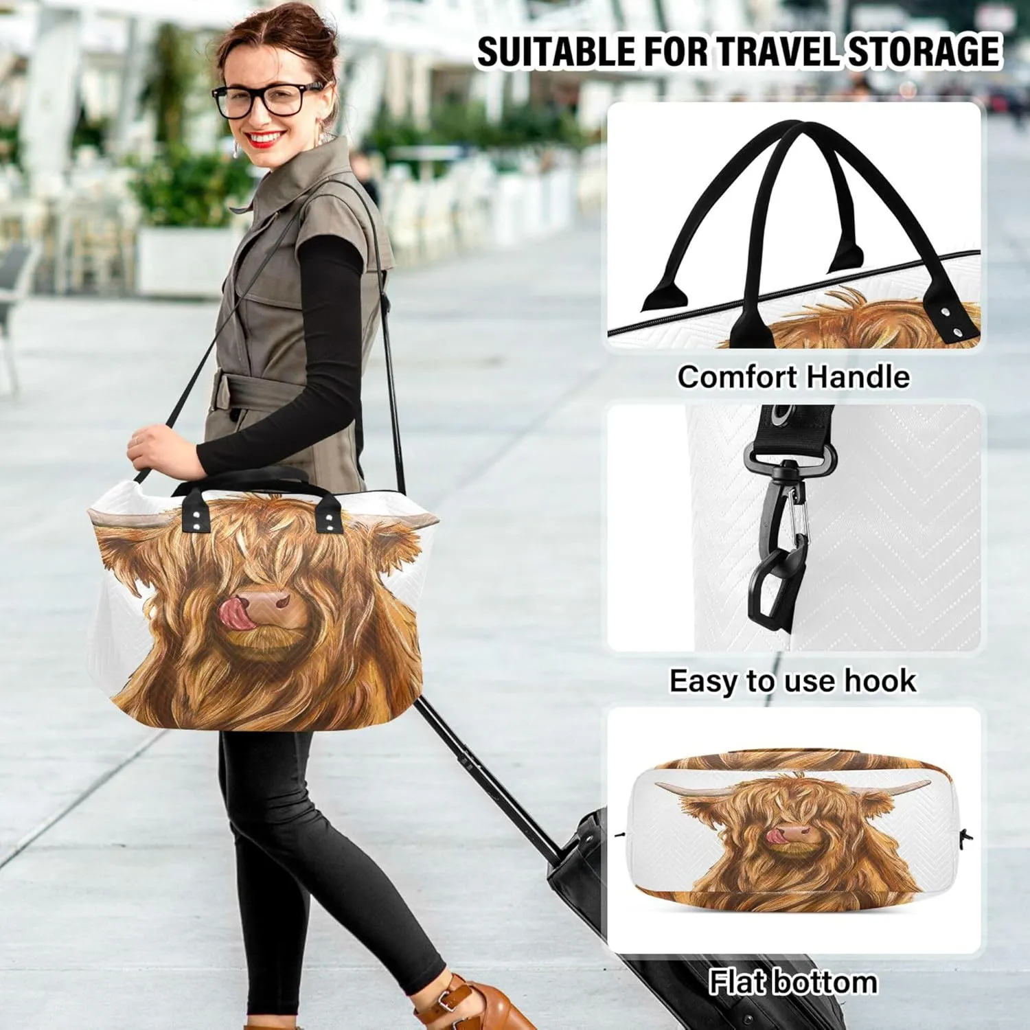 Exnundod Women Weekender Bags Village Highland Cow Travel Duffel Bags Carry On Overnight Bag Large Hospital Tote Luggage