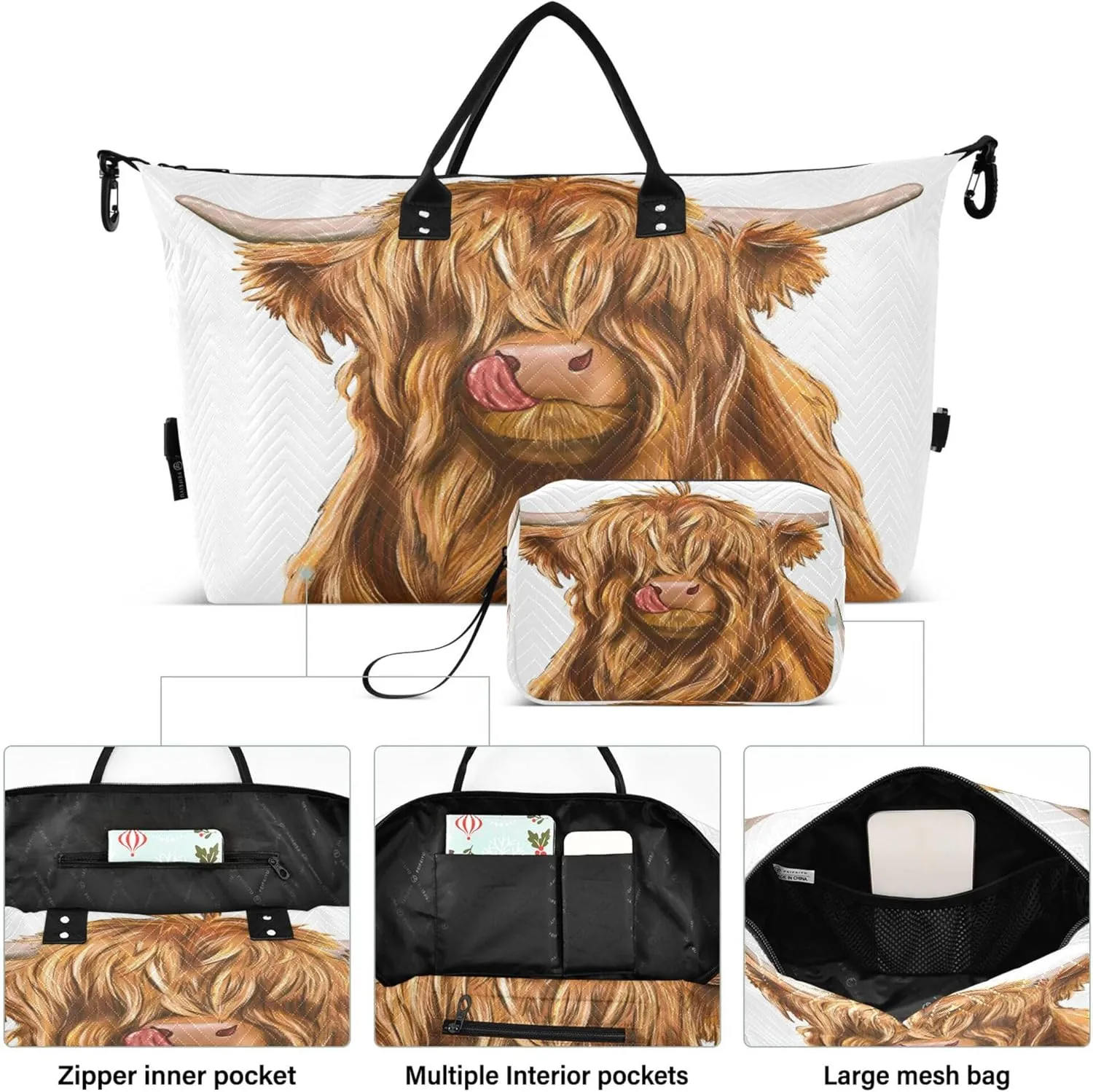 Exnundod Women Weekender Bags Village Highland Cow Travel Duffel Bags Carry On Overnight Bag Large Hospital Tote Luggage