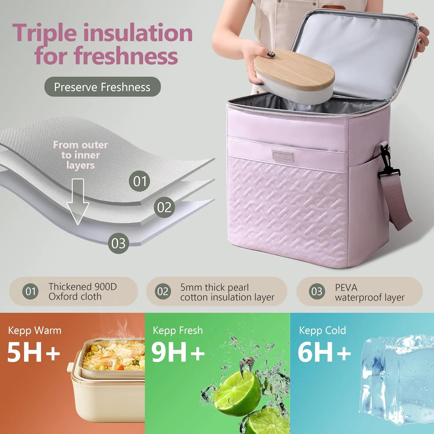 Extra Large Lunch Bag Reusable, 21L Insulated Lunch Box with Adjustable Shoulder Strap, Soft Cooler Bag Leak-proof Insulation, Women's Lunch Cooler for Office, Work, Picnic, Travel (Purple)