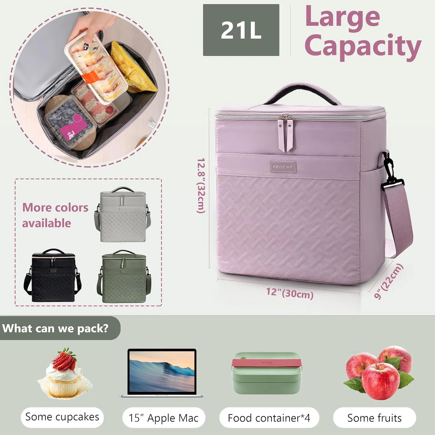 Extra Large Lunch Bag Reusable, 21L Insulated Lunch Box with Adjustable Shoulder Strap, Soft Cooler Bag Leak-proof Insulation, Women's Lunch Cooler for Office, Work, Picnic, Travel (Purple)