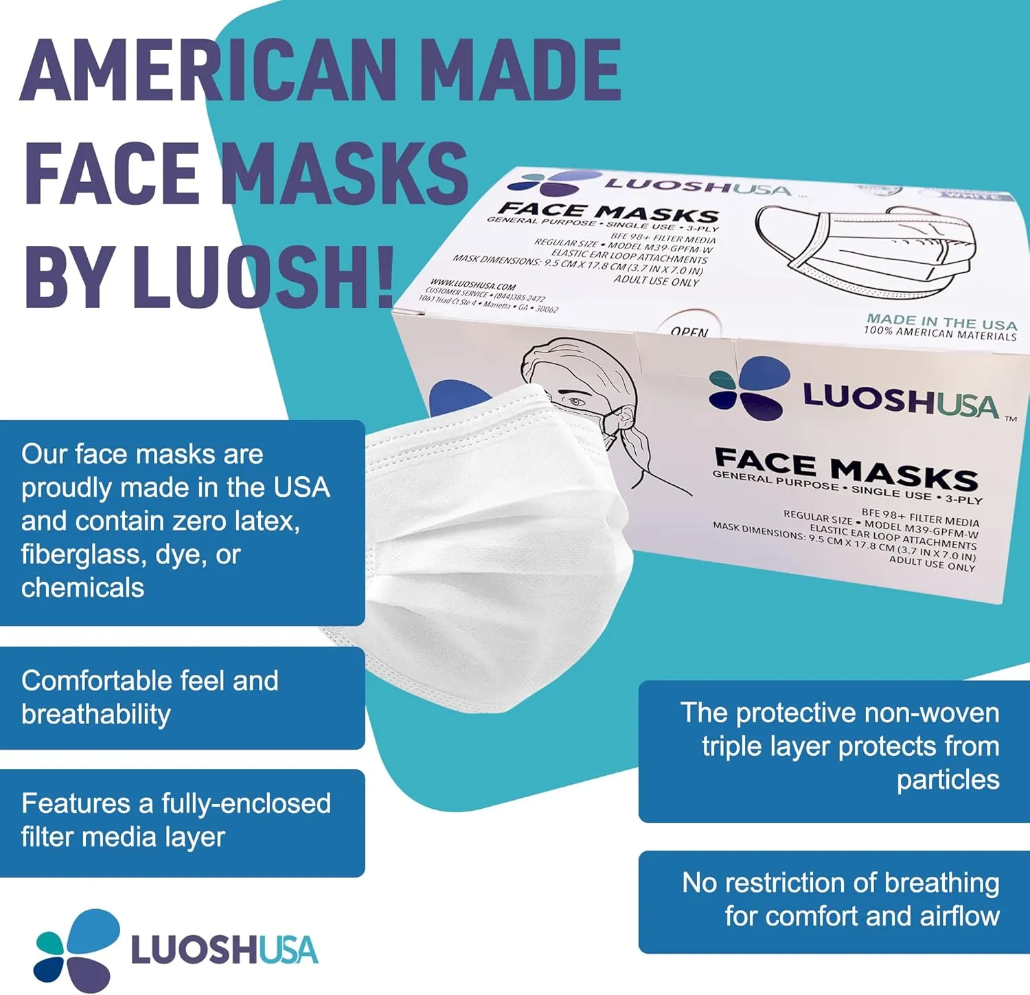 Face Masks Disposable Made in USA, 3 Ply Disposable Masks 50pcs,Adult Mask, Kids Mask, Black Masks, White Masks