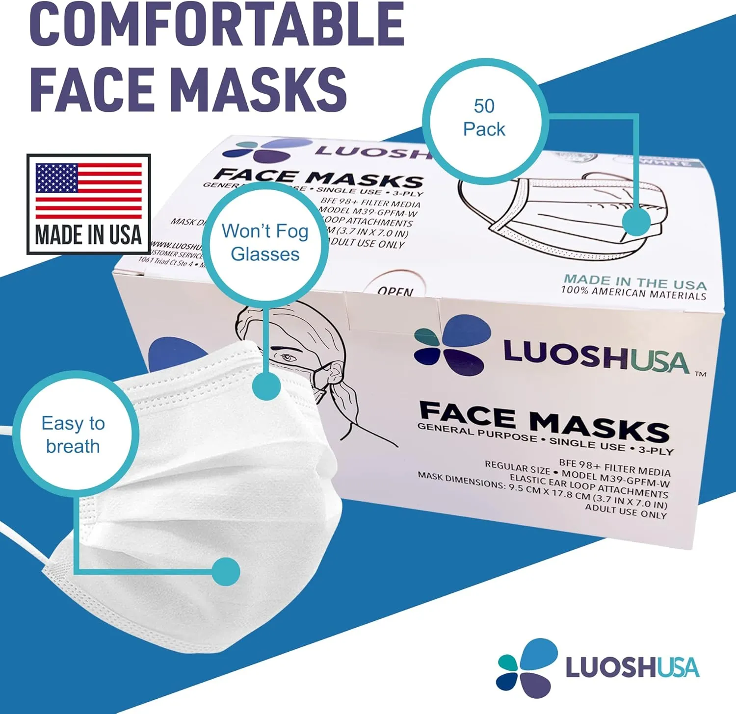 Face Masks Disposable Made in USA, 3 Ply Disposable Masks 50pcs,Adult Mask, Kids Mask, Black Masks, White Masks