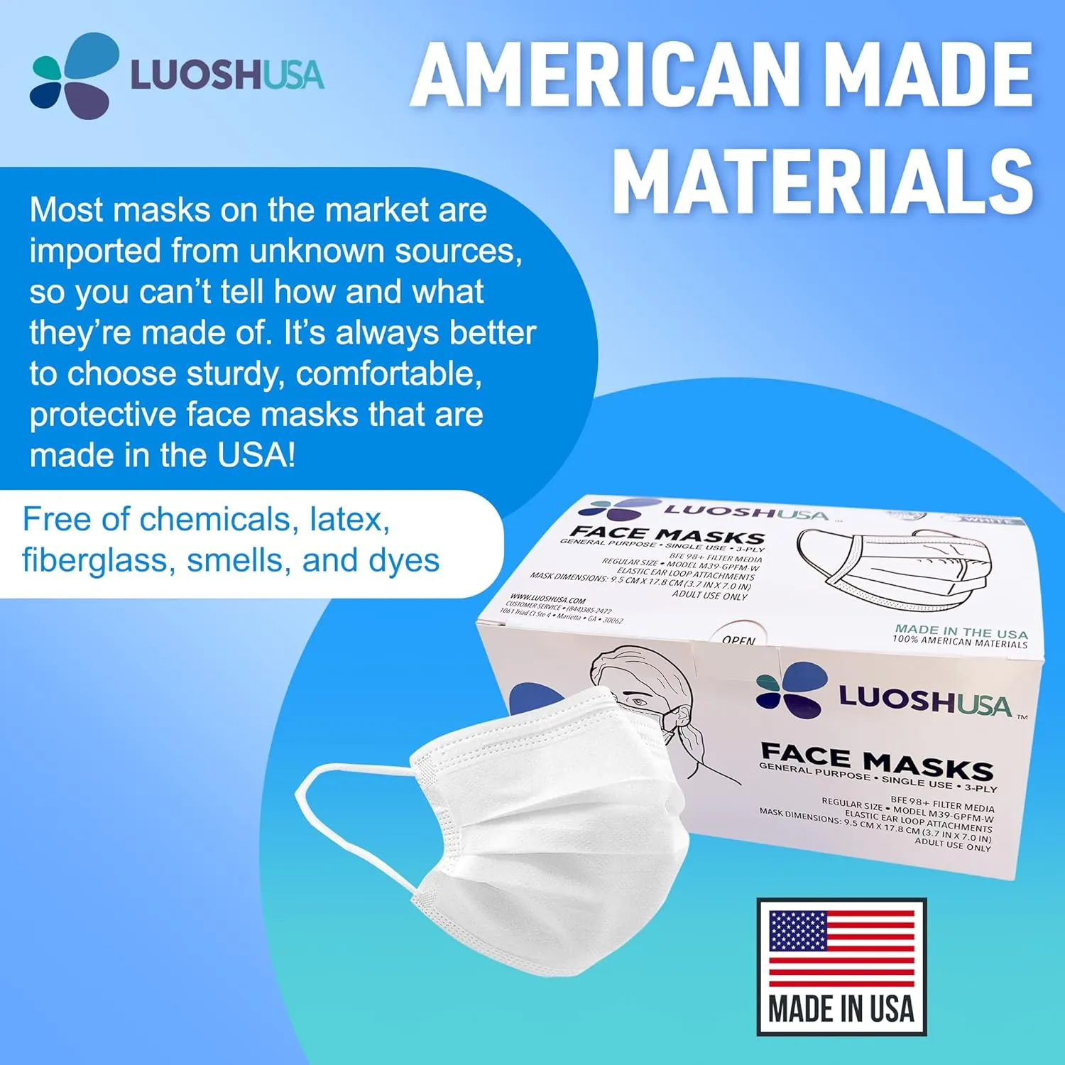 Face Masks Disposable Made in USA, 3 Ply Disposable Masks 50pcs,Adult Mask, Kids Mask, Black Masks, White Masks