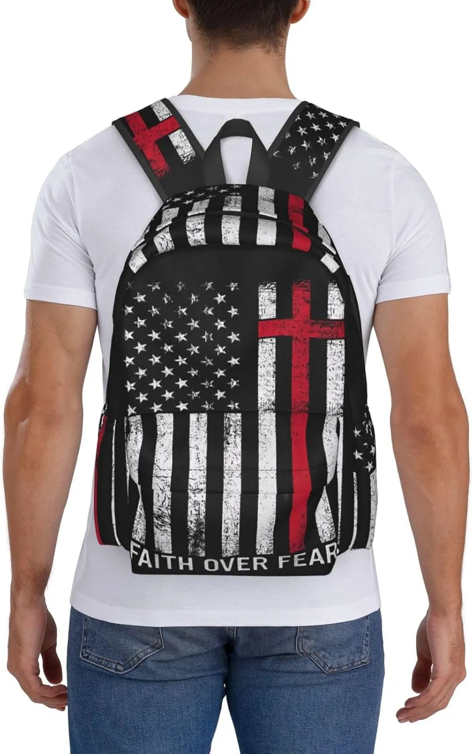 Faith Over Fear Patriotic Christian Cross American Flag Backpack Large Capacity Backpack Lightweight Double Shoulder Bag For Women Men Travel