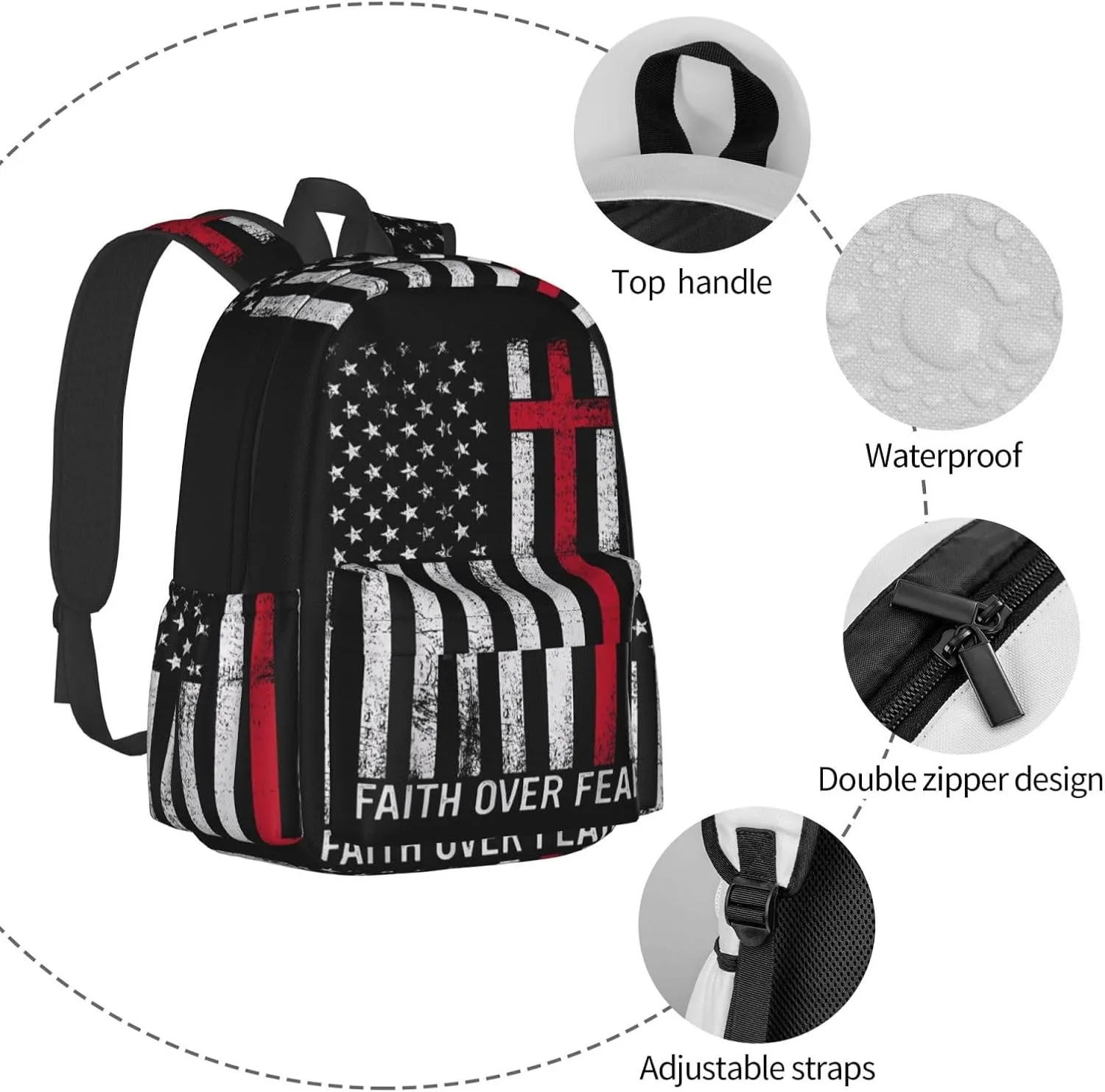 Faith Over Fear Patriotic Christian Cross American Flag Backpack Large Capacity Backpack Lightweight Double Shoulder Bag For Women Men Travel