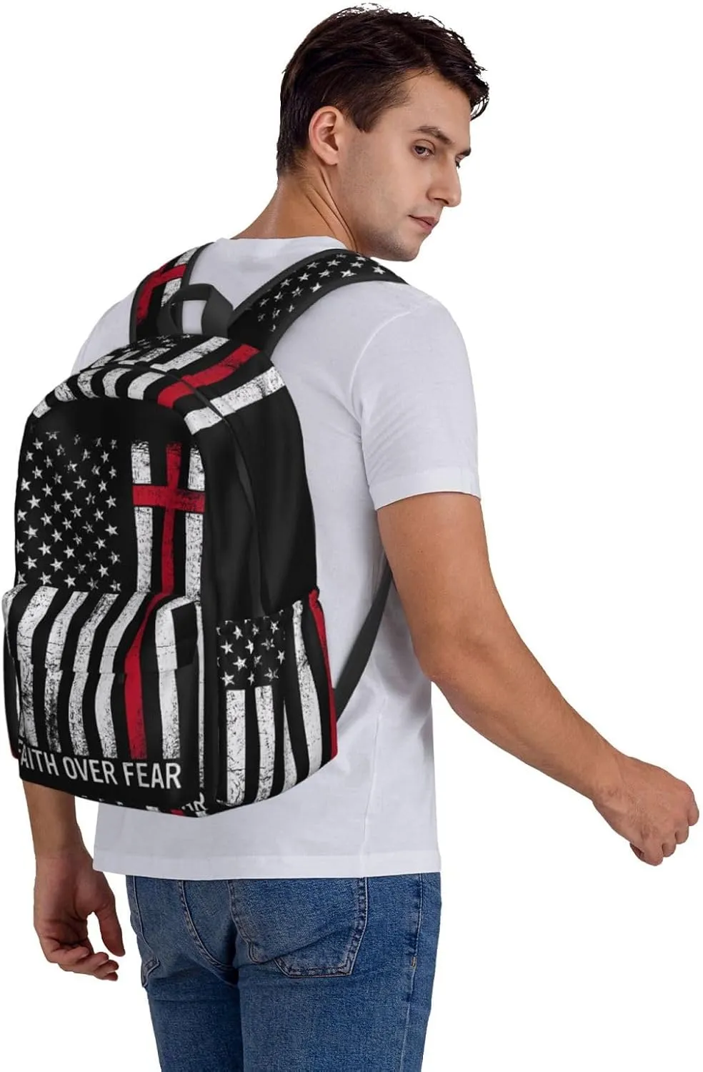 Faith Over Fear Patriotic Christian Cross American Flag Backpack Large Capacity Backpack Lightweight Double Shoulder Bag For Women Men Travel