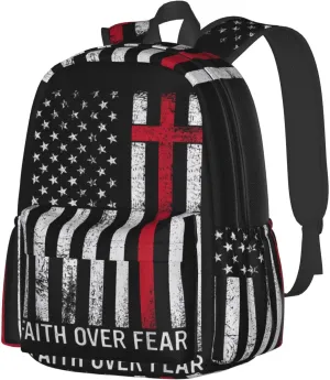 Faith Over Fear Patriotic Christian Cross American Flag Backpack Large Capacity Backpack Lightweight Double Shoulder Bag For Women Men Travel