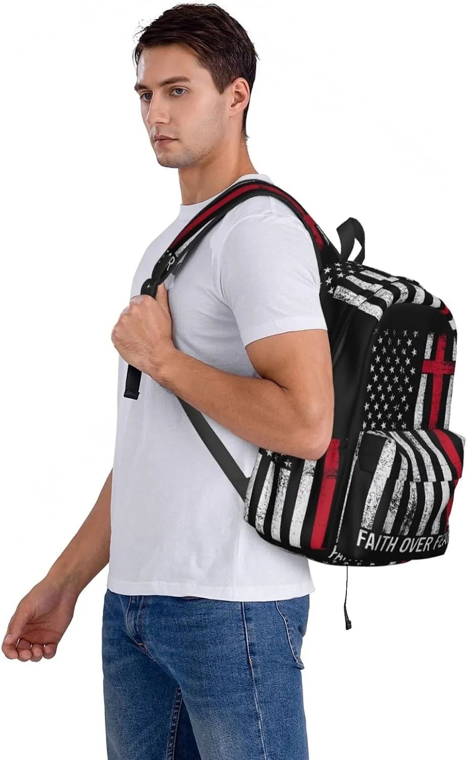 Faith Over Fear Patriotic Christian Cross American Flag Backpack Large Capacity Backpack Lightweight Double Shoulder Bag For Women Men Travel
