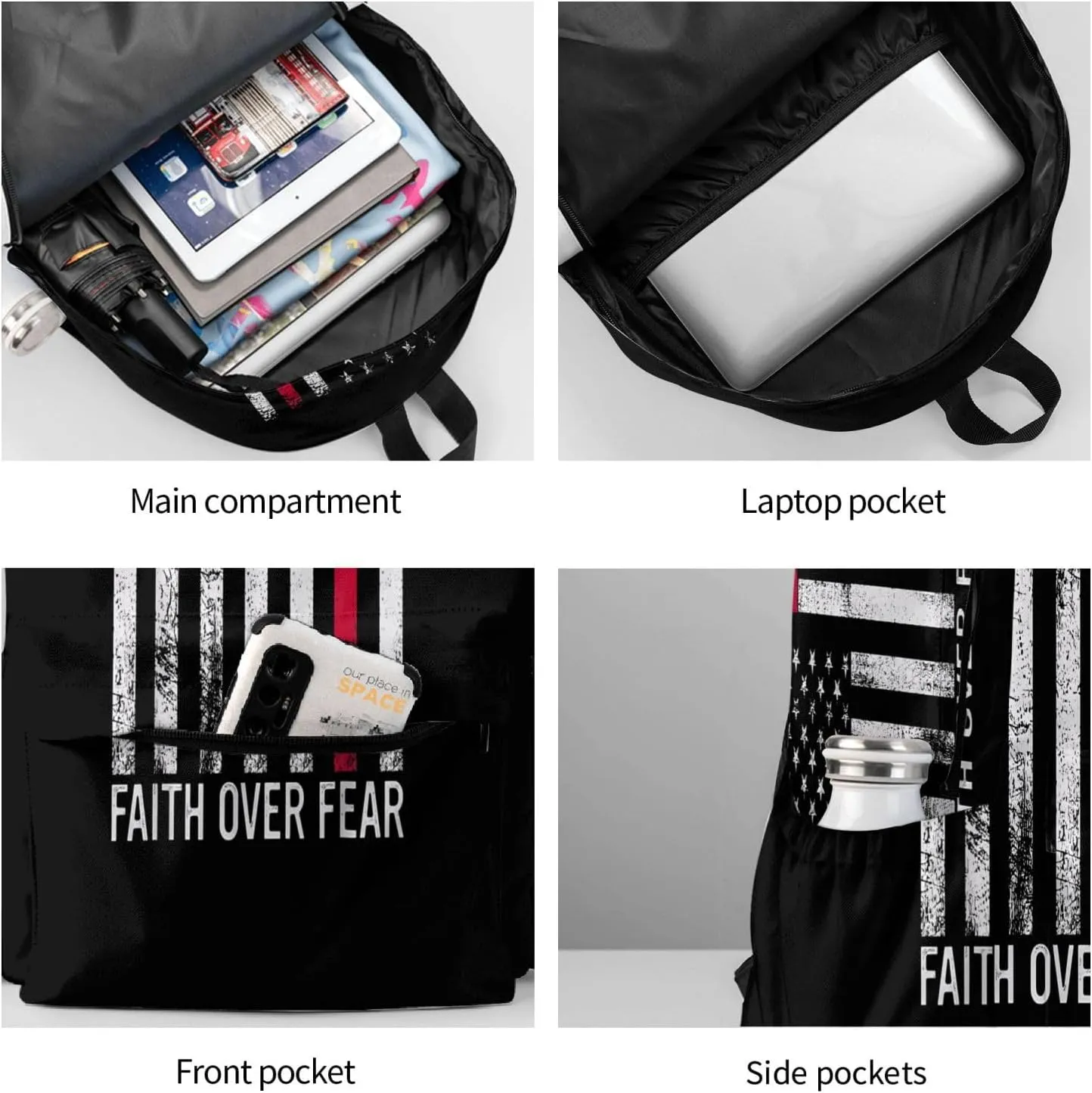 Faith Over Fear Patriotic Christian Cross American Flag Backpack Large Capacity Backpack Lightweight Double Shoulder Bag For Women Men Travel