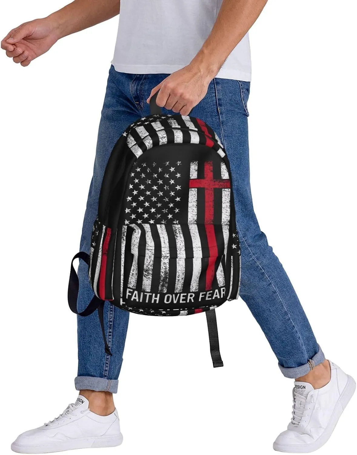 Faith Over Fear Patriotic Christian Cross American Flag Backpack Large Capacity Backpack Lightweight Double Shoulder Bag For Women Men Travel