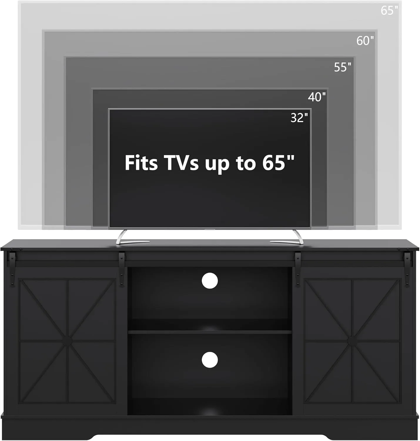 Farmhouse TV Stand for 65/60/55 Inch Tvs, Rustic Entertainment Center with Storage Cabinets & Sliding Barn Doors, Modern Media Console Table, Wood Television Furniture for Living Room, Bedroom, Black