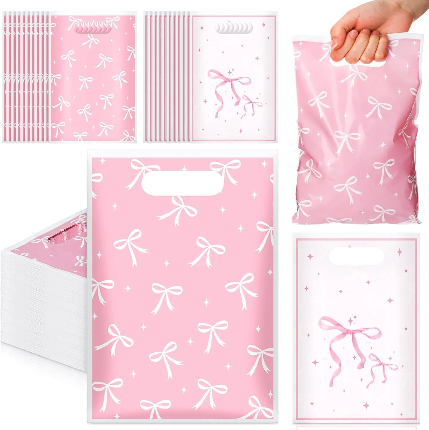Feifeiya 50 Pcs Pink Bow Plastic Gift Bags with Handle Cute Coquette Party Favor Bags Bulk Bow Goodie Bag for Mother's Day Wedding Birthday Party Baby Shower Supplies(Pink)