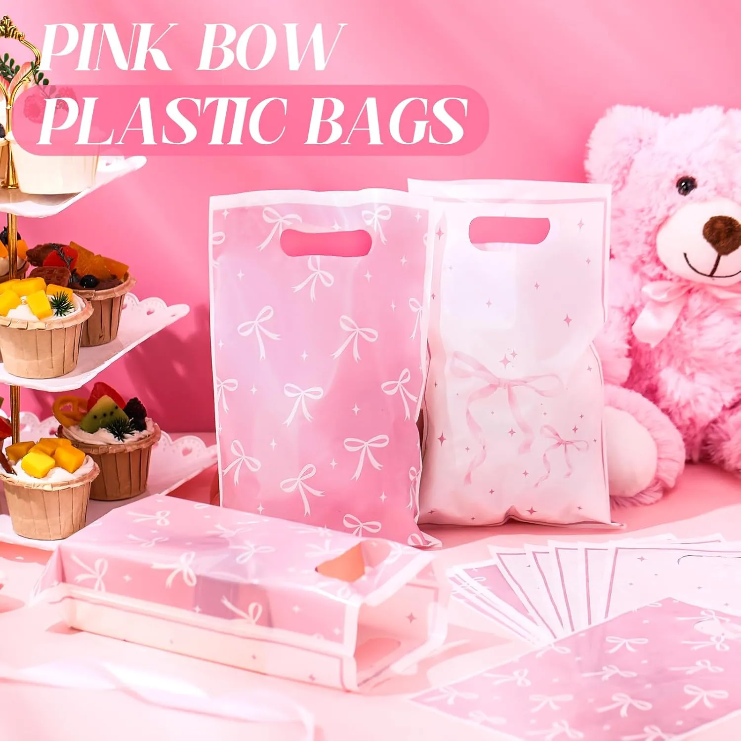 Feifeiya 50 Pcs Pink Bow Plastic Gift Bags with Handle Cute Coquette Party Favor Bags Bulk Bow Goodie Bag for Mother's Day Wedding Birthday Party Baby Shower Supplies(Pink)