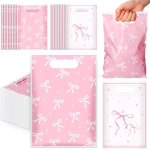 Feifeiya 50 Pcs Pink Bow Plastic Gift Bags with Handle Cute Coquette Party Favor Bags Bulk Bow Goodie Bag for Mother's Day Wedding Birthday Party Baby Shower Supplies(Pink)