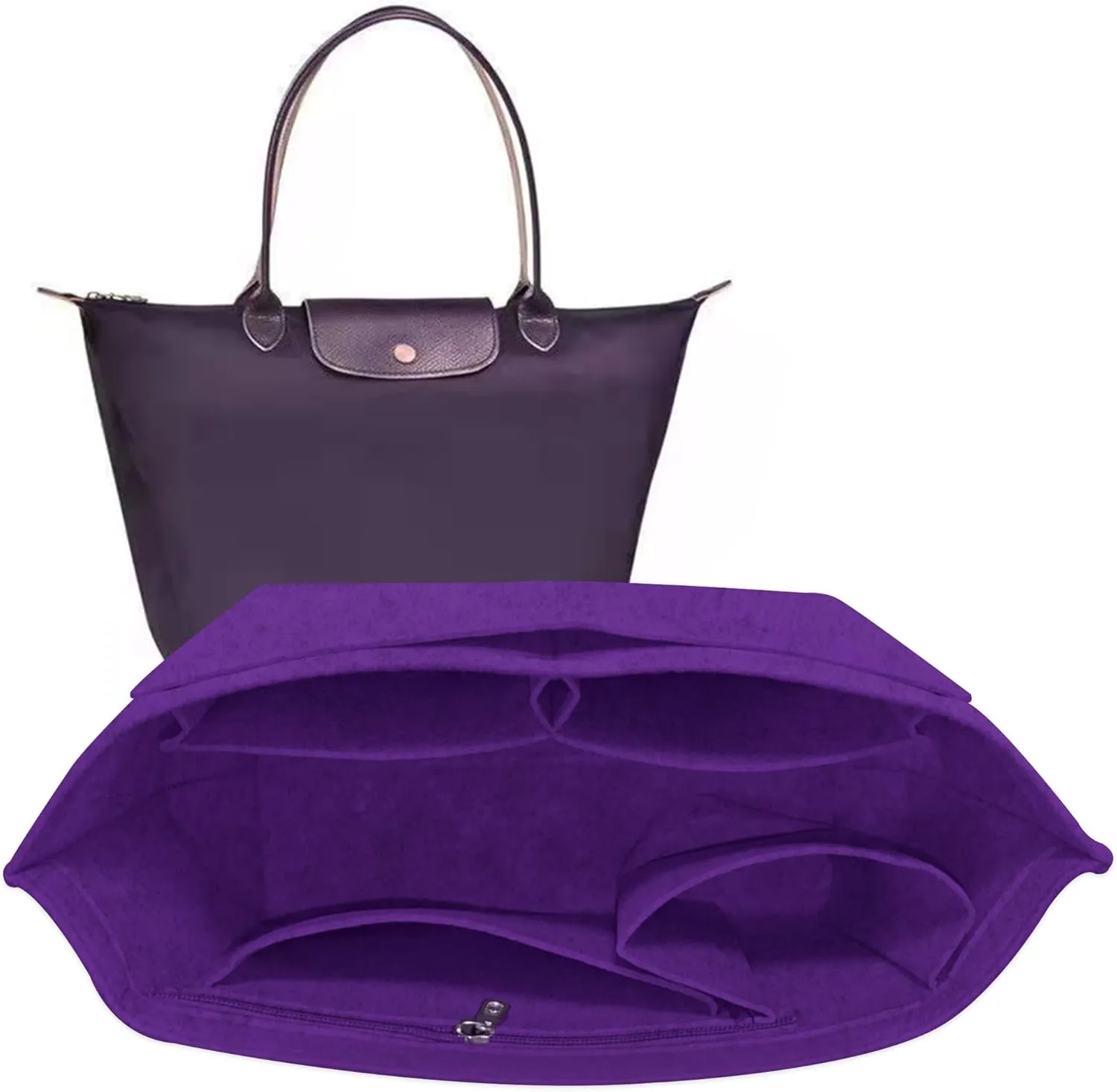Felt Bag Organizer Insert for le pliage Tote,Purse Organizer Insert Handbag Organizer with Divider Pocket and Zipper Inner Bag Liner for Longchamp Bag (Beige,Medium)