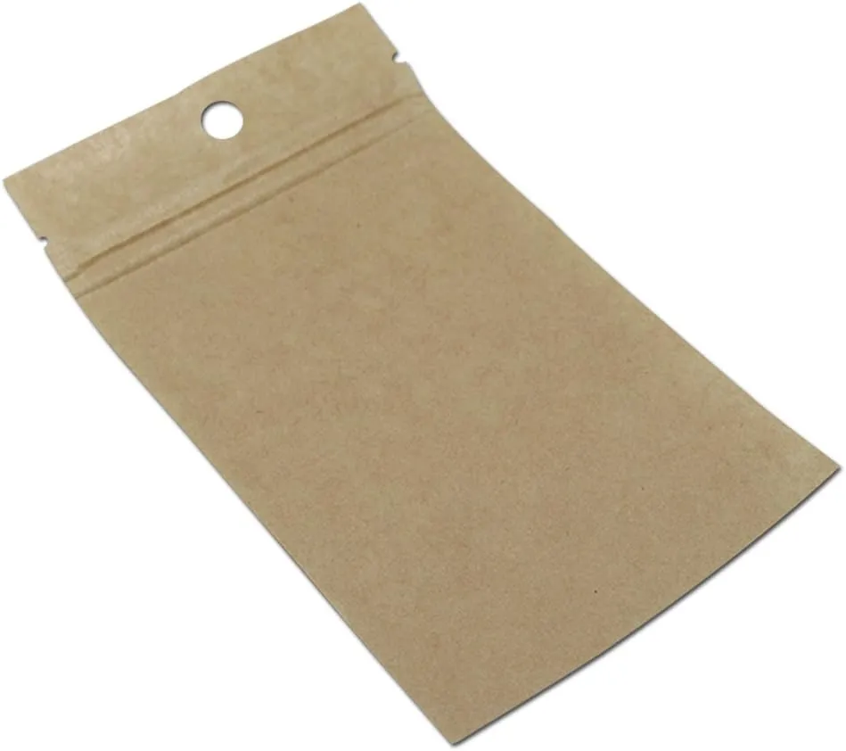 FERENLI 100Pcs Clear Brown Kraft Paper Plastic for Zip Reclosable Bag Lock Flat Heat Sealable Smell Proof Packaging Bags Zipper Lock Coffee Plastic Bags 14x22cm (5.5x8.6 inch)
