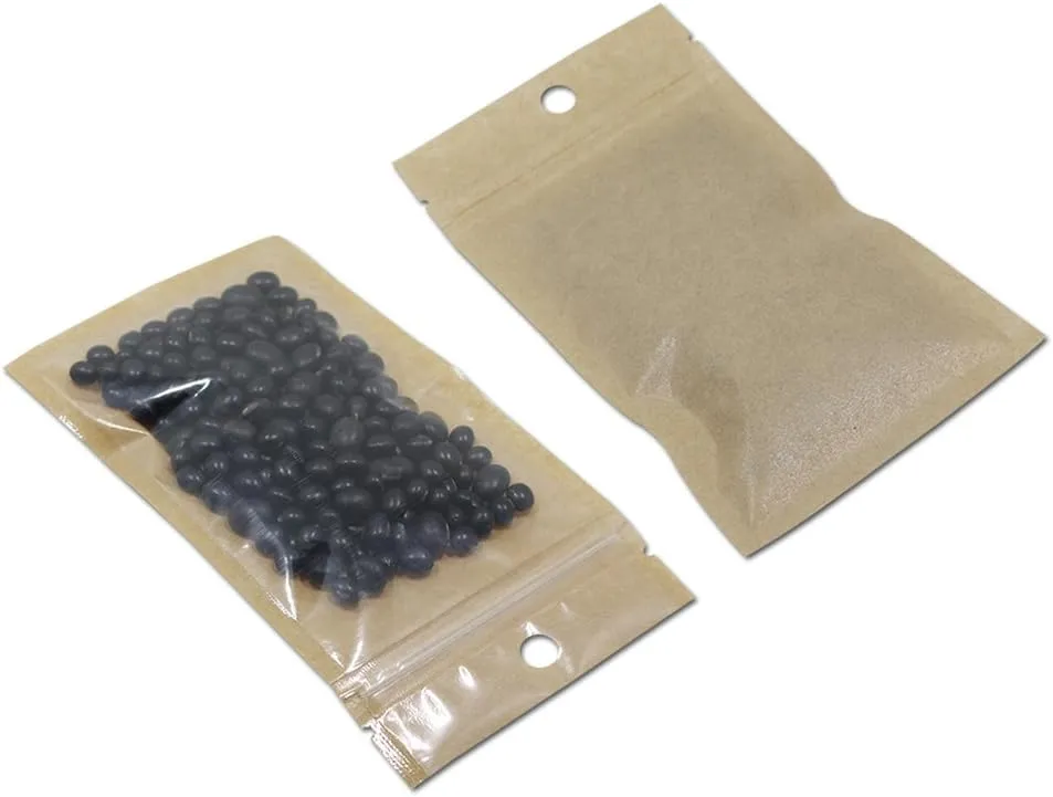 FERENLI 100Pcs Clear Brown Kraft Paper Plastic for Zip Reclosable Bag Lock Flat Heat Sealable Smell Proof Packaging Bags Zipper Lock Coffee Plastic Bags 14x22cm (5.5x8.6 inch)