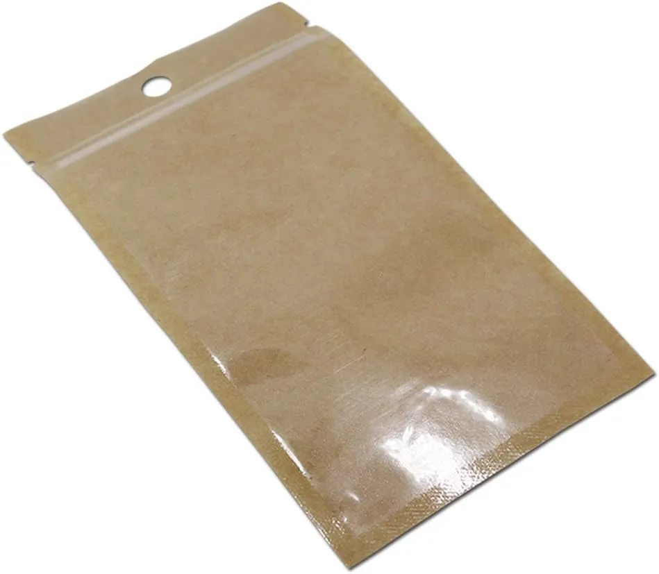 FERENLI 100Pcs Clear Brown Kraft Paper Plastic for Zip Reclosable Bag Lock Flat Heat Sealable Smell Proof Packaging Bags Zipper Lock Coffee Plastic Bags 14x22cm (5.5x8.6 inch)