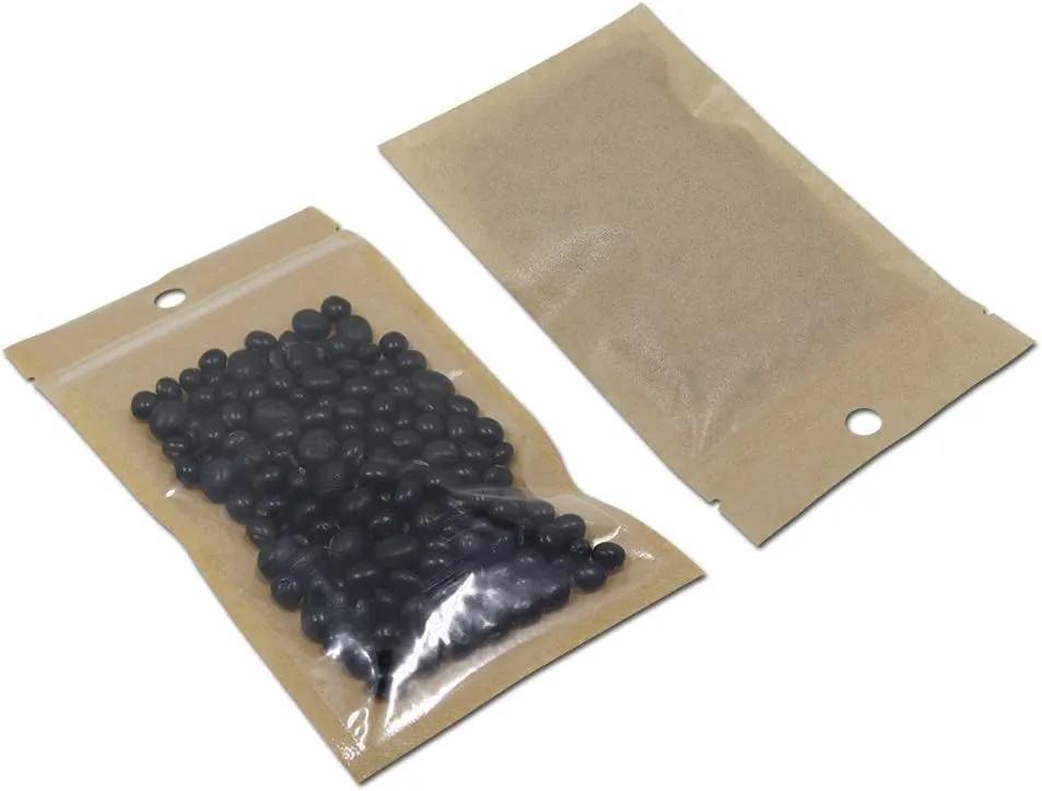 FERENLI 100Pcs Clear Brown Kraft Paper Plastic for Zip Reclosable Bag Lock Flat Heat Sealable Smell Proof Packaging Bags Zipper Lock Coffee Plastic Bags 14x22cm (5.5x8.6 inch)