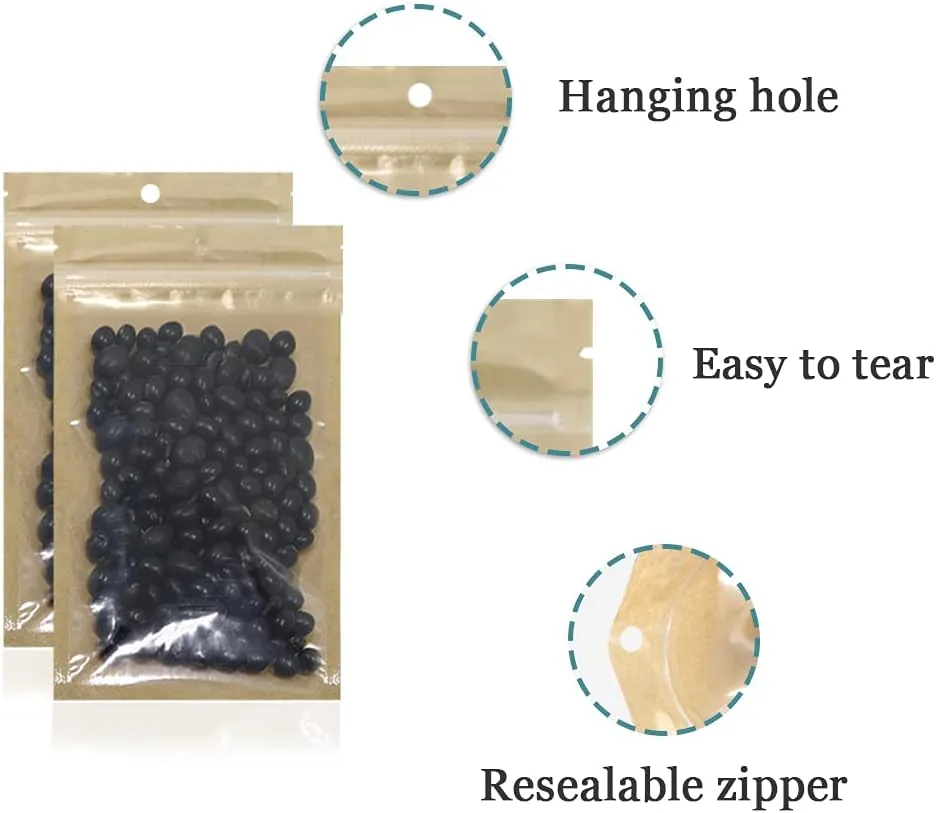 FERENLI 100Pcs Clear Brown Kraft Paper Plastic for Zip Reclosable Bag Lock Flat Heat Sealable Smell Proof Packaging Bags Zipper Lock Coffee Plastic Bags 14x22cm (5.5x8.6 inch)