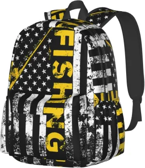 Fish American Flag Fishing Rod Backpack Large Capacity Backpack Lightweight Double Shoulder Bag For Women Men Travel