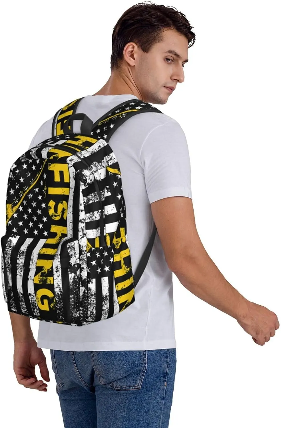 Fish American Flag Fishing Rod Backpack Large Capacity Backpack Lightweight Double Shoulder Bag For Women Men Travel