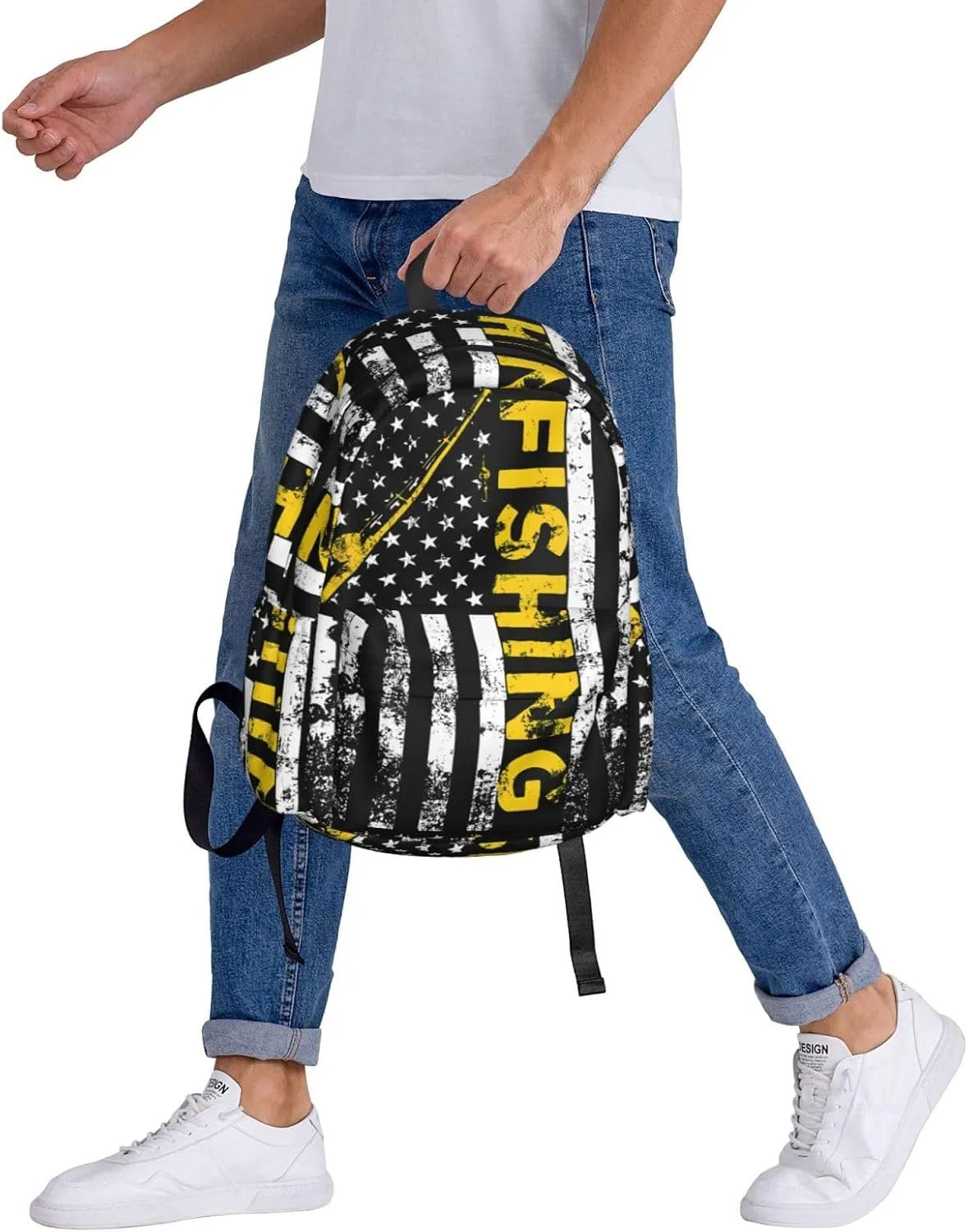 Fish American Flag Fishing Rod Backpack Large Capacity Backpack Lightweight Double Shoulder Bag For Women Men Travel