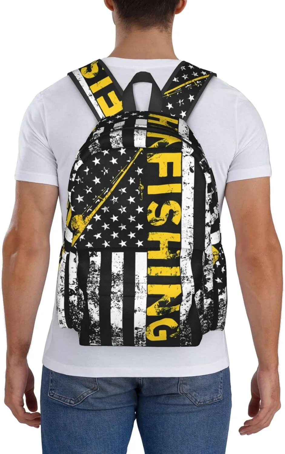 Fish American Flag Fishing Rod Backpack Large Capacity Backpack Lightweight Double Shoulder Bag For Women Men Travel