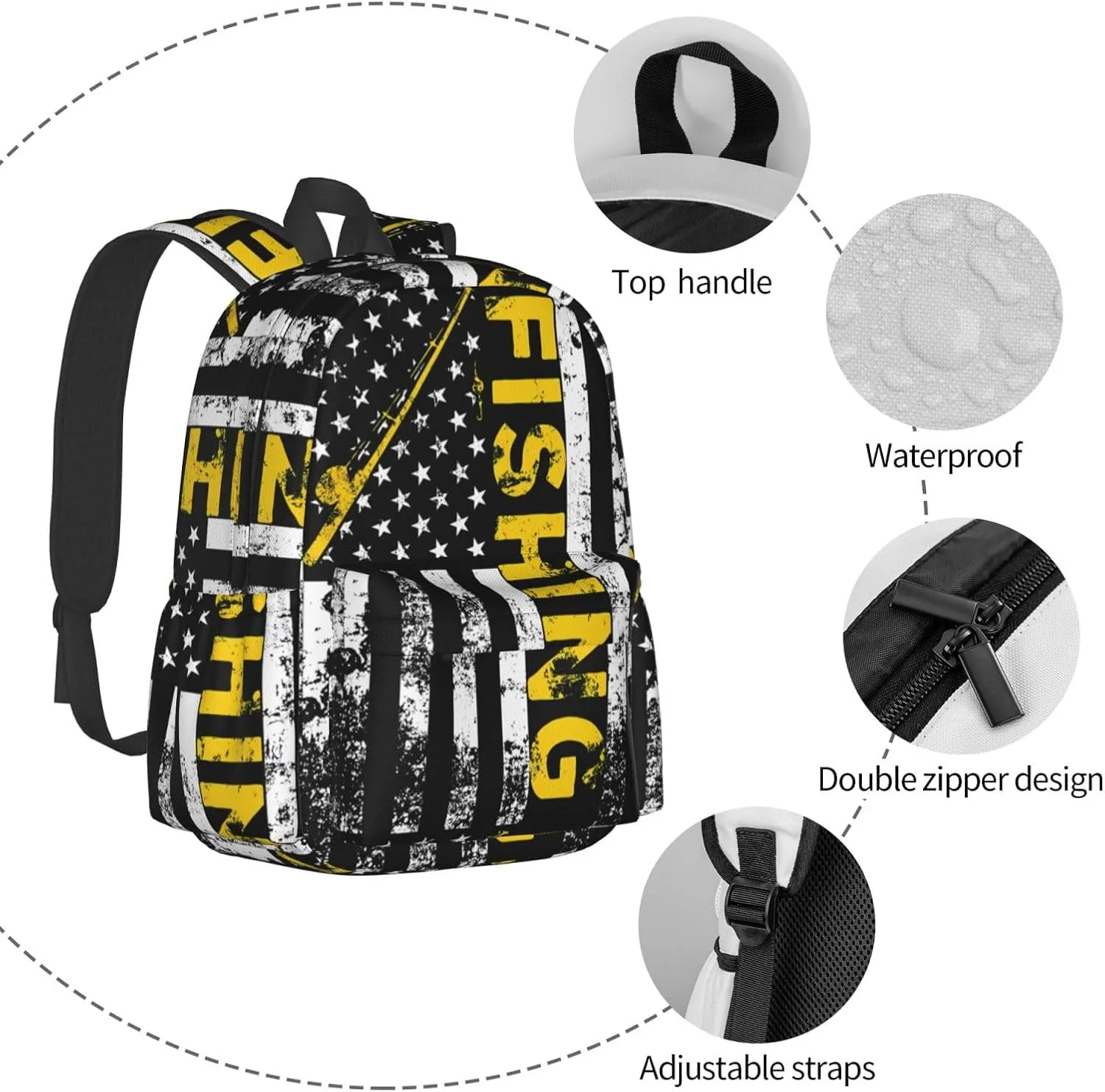 Fish American Flag Fishing Rod Backpack Large Capacity Backpack Lightweight Double Shoulder Bag For Women Men Travel