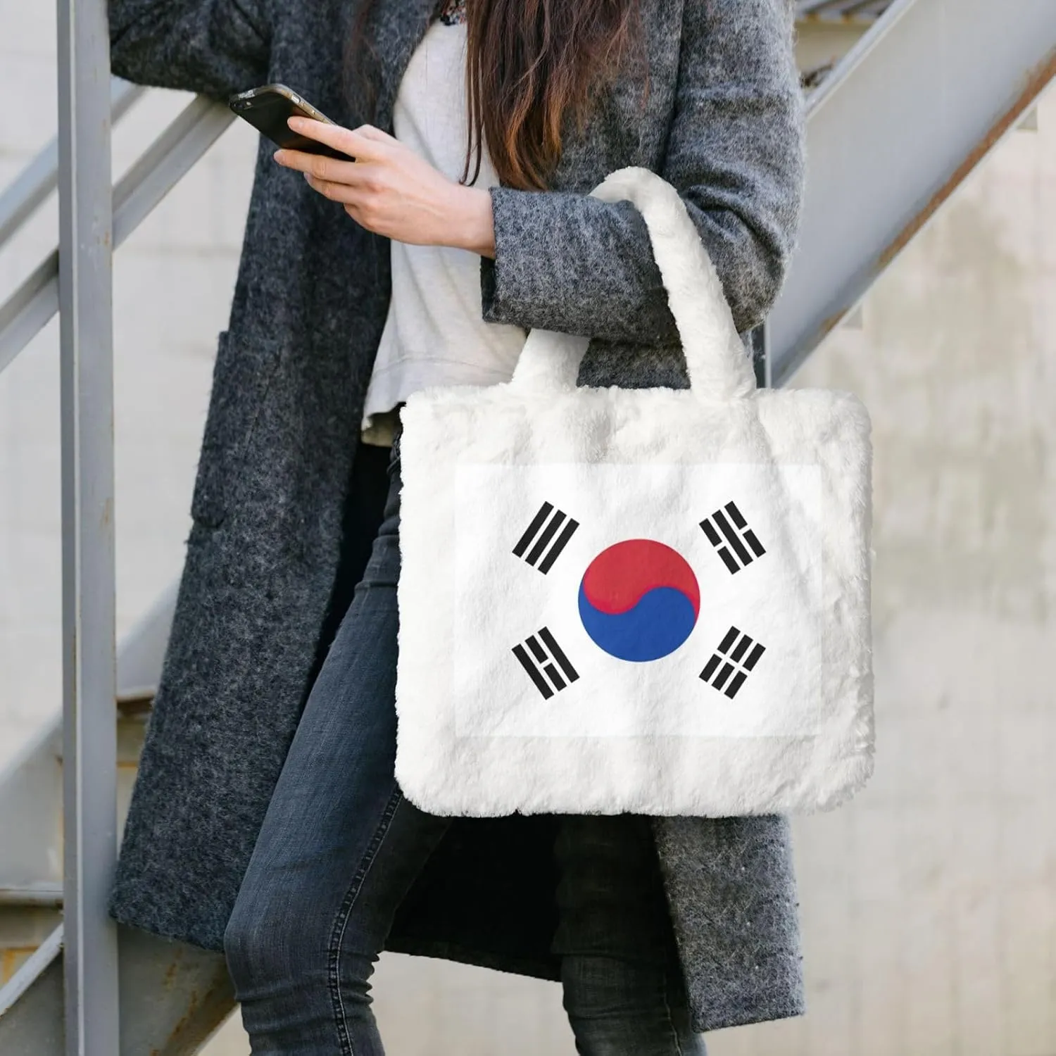 Flag Of Republic Of Korea Printing Fluffy Shoulder Bag Ladies Plush Underarm Bag Tote Bag Furry Purse Handbag For Work Travel