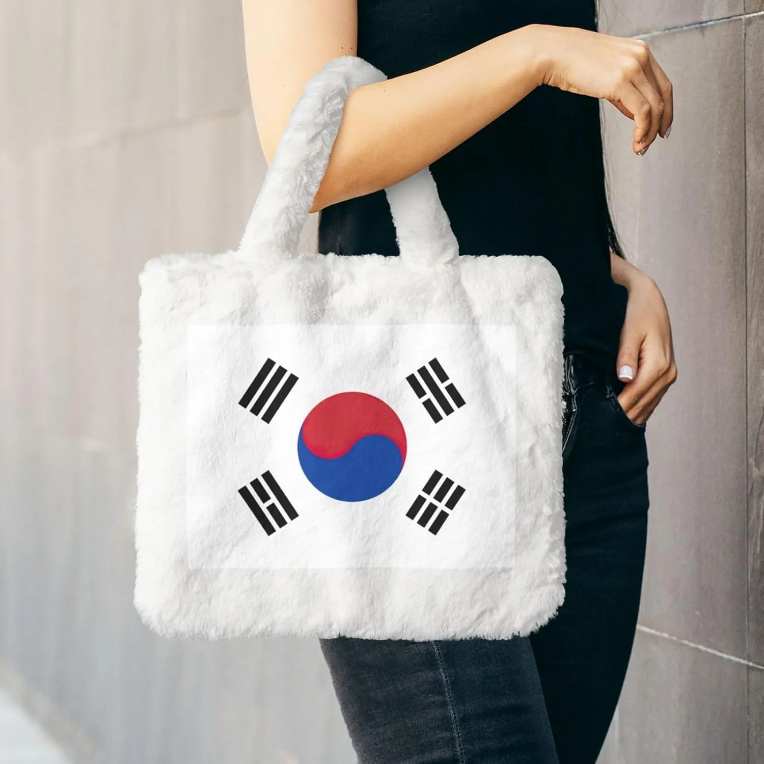 Flag Of Republic Of Korea Printing Fluffy Shoulder Bag Ladies Plush Underarm Bag Tote Bag Furry Purse Handbag For Work Travel