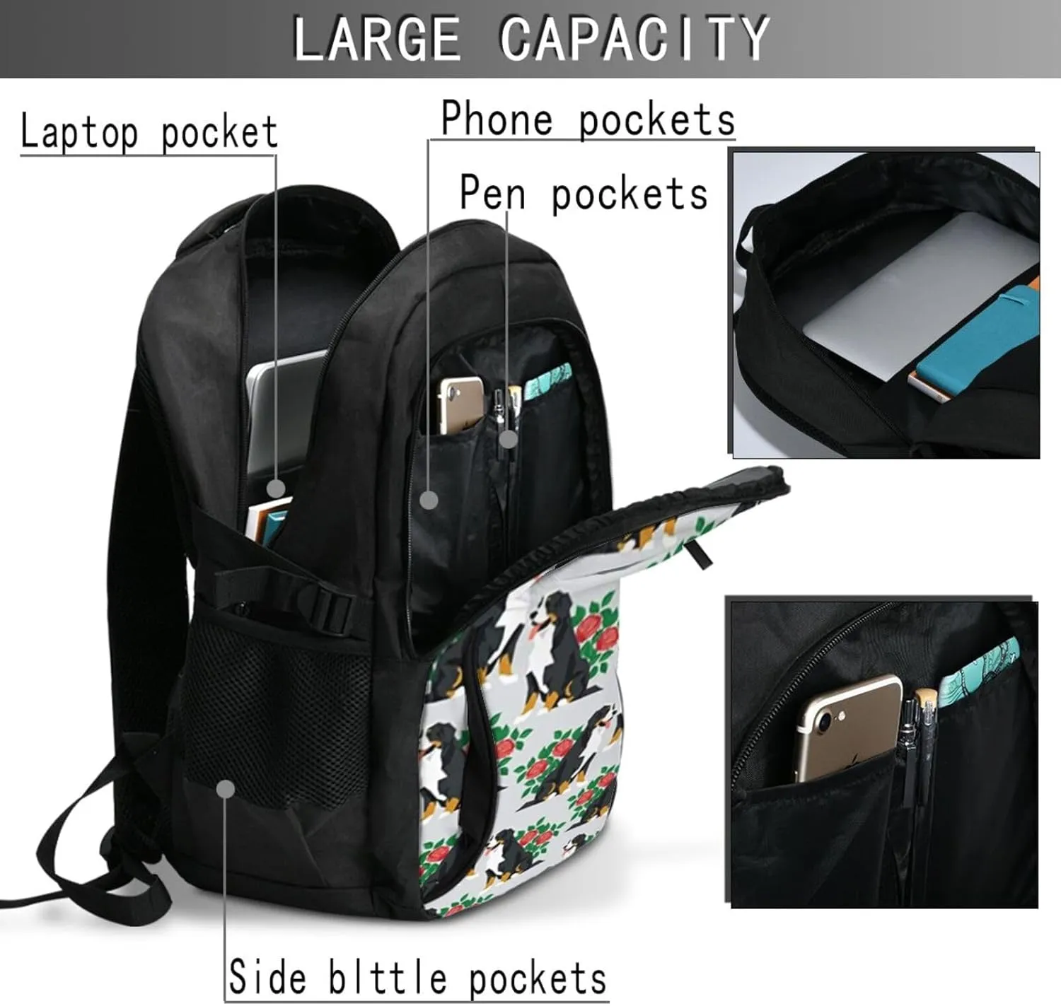 Floral Bernese Mountain Dog Gray Travel Laptop Backpack,18 Inch Carry on Backpack for Men Women with USB Port, Work Computer Backpack