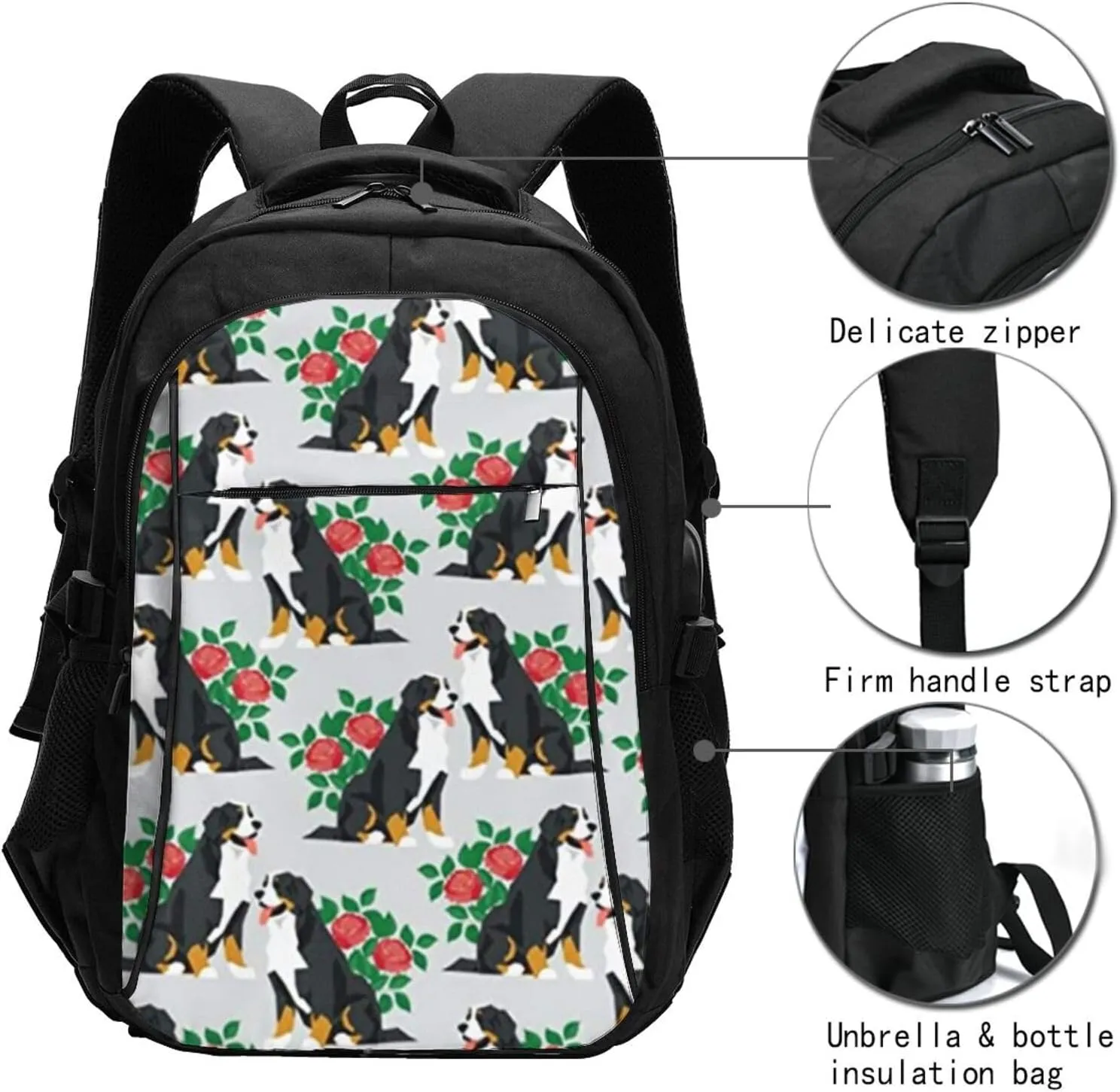 Floral Bernese Mountain Dog Gray Travel Laptop Backpack,18 Inch Carry on Backpack for Men Women with USB Port, Work Computer Backpack