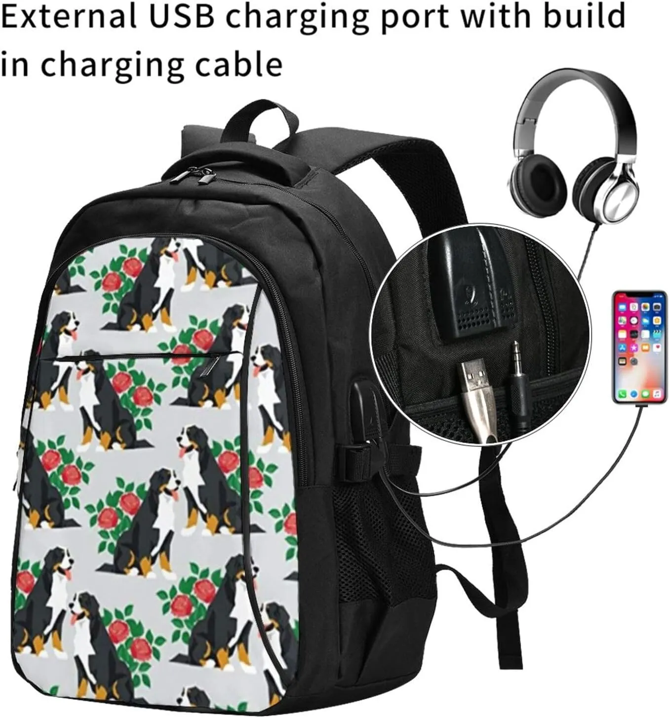 Floral Bernese Mountain Dog Gray Travel Laptop Backpack,18 Inch Carry on Backpack for Men Women with USB Port, Work Computer Backpack