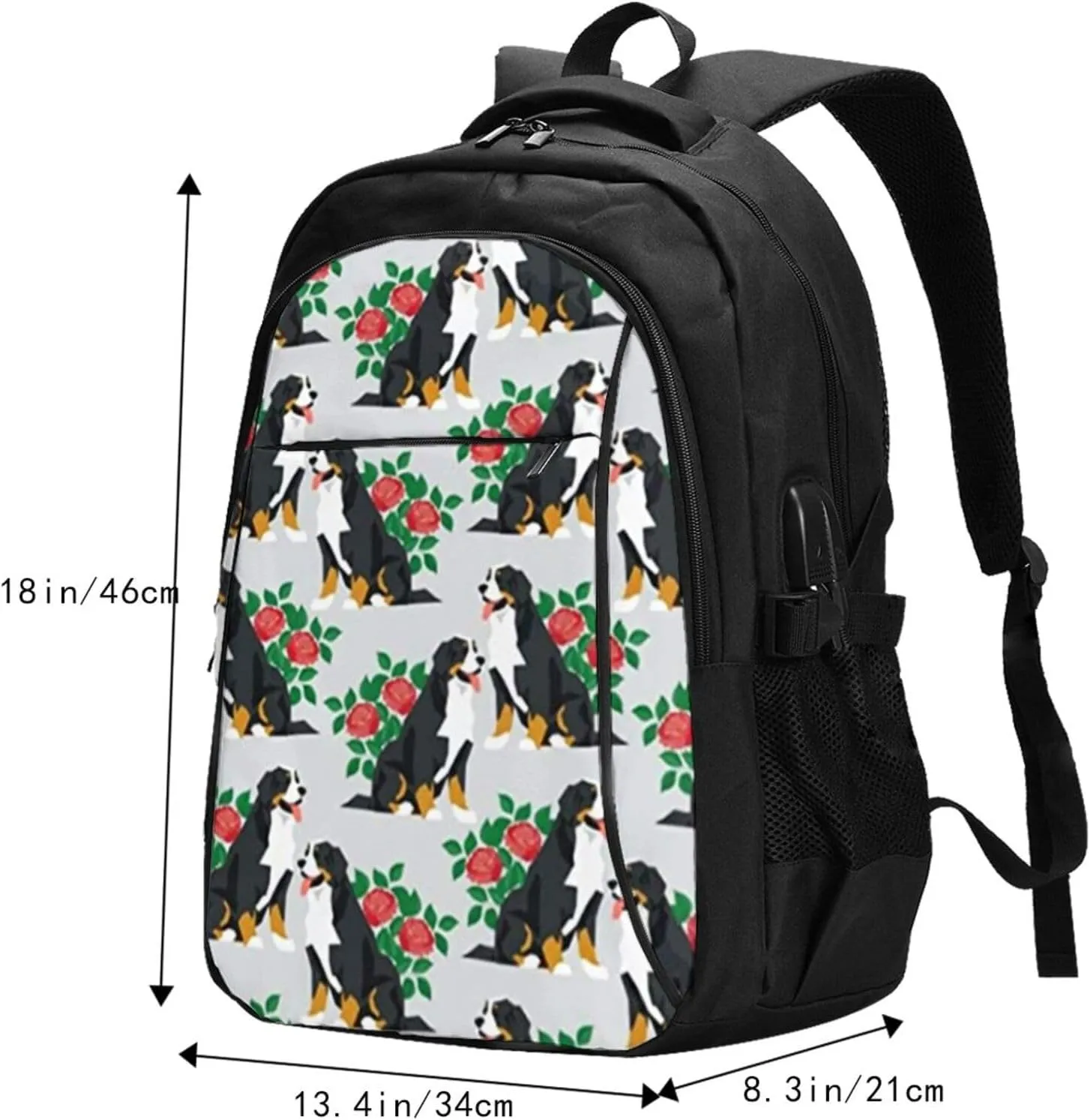 Floral Bernese Mountain Dog Gray Travel Laptop Backpack,18 Inch Carry on Backpack for Men Women with USB Port, Work Computer Backpack