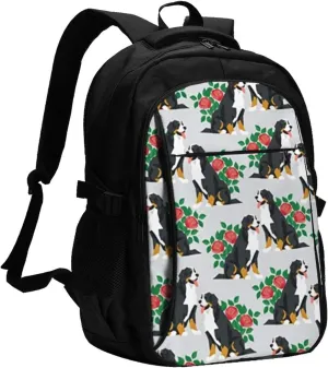 Floral Bernese Mountain Dog Gray Travel Laptop Backpack,18 Inch Carry on Backpack for Men Women with USB Port, Work Computer Backpack