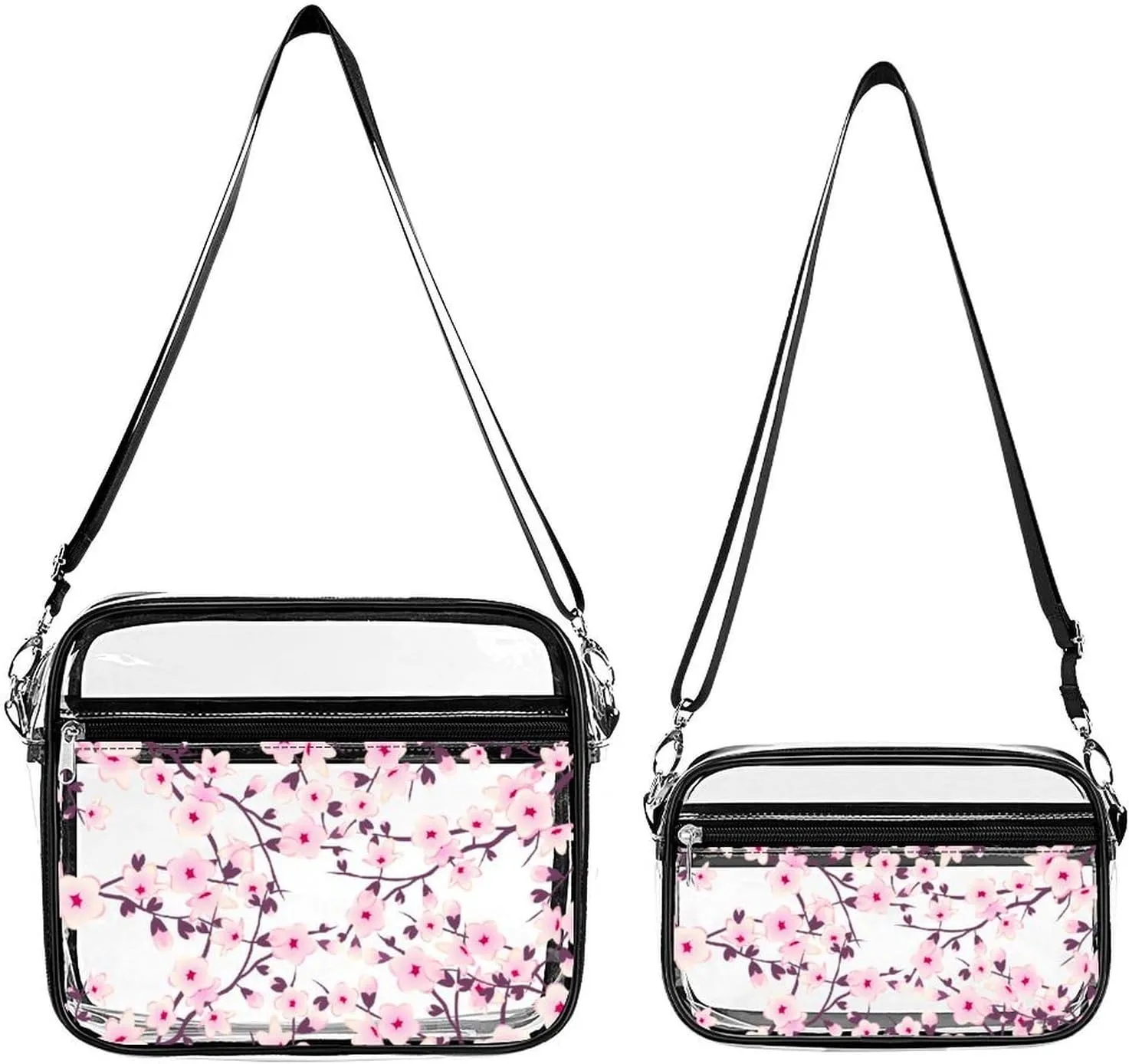 Floral Cherry Blossom Pink White Transparent Cross Bag Two-piece Set, Fashionable Transparent Bag