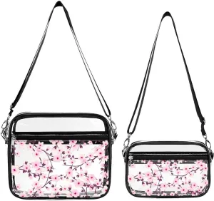 Floral Cherry Blossom Pink White Transparent Cross Bag Two-piece Set, Fashionable Transparent Bag