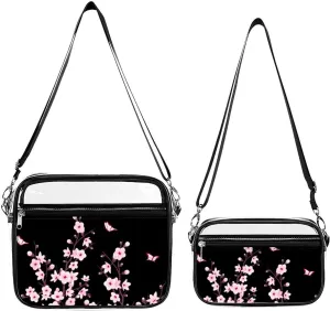 Floral Cherry Blossoms Black Pink Transparent Cross Bag Two-piece Set, Fashionable Transparent Bag