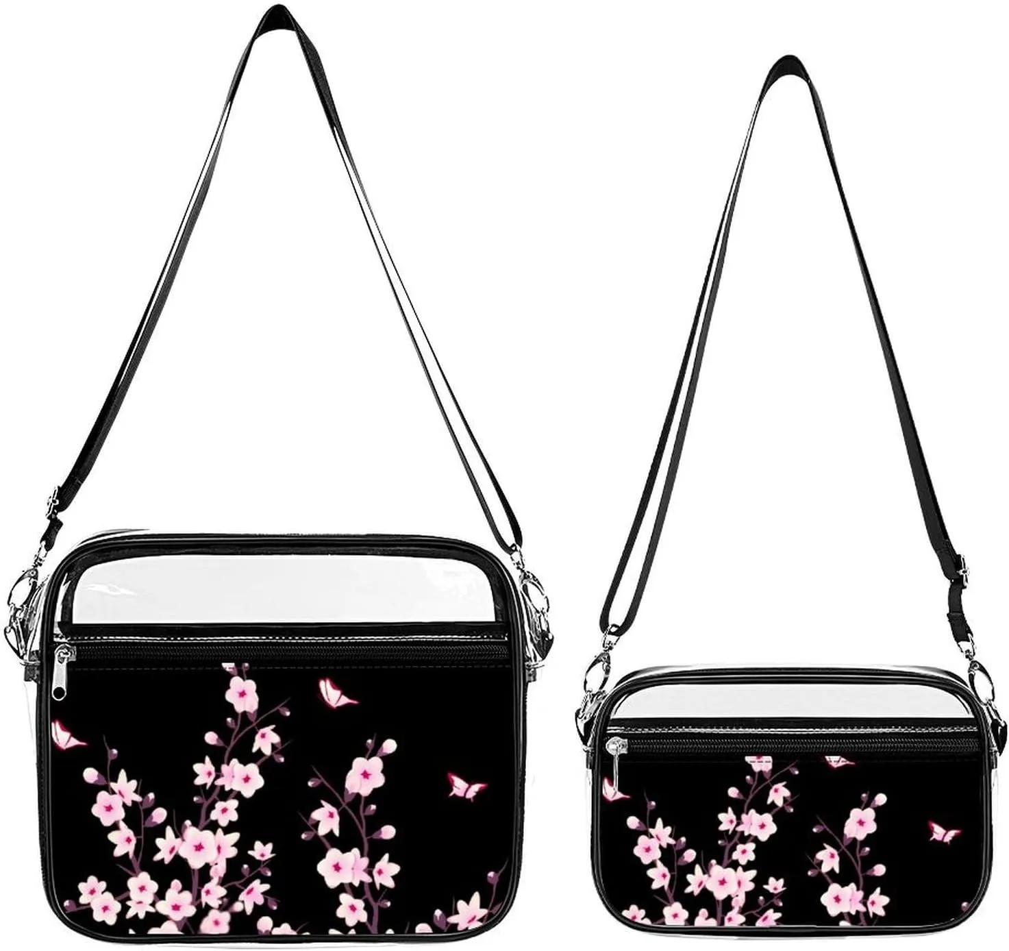 Floral Cherry Blossoms Black Pink Transparent Cross Bag Two-piece Set, Fashionable Transparent Bag