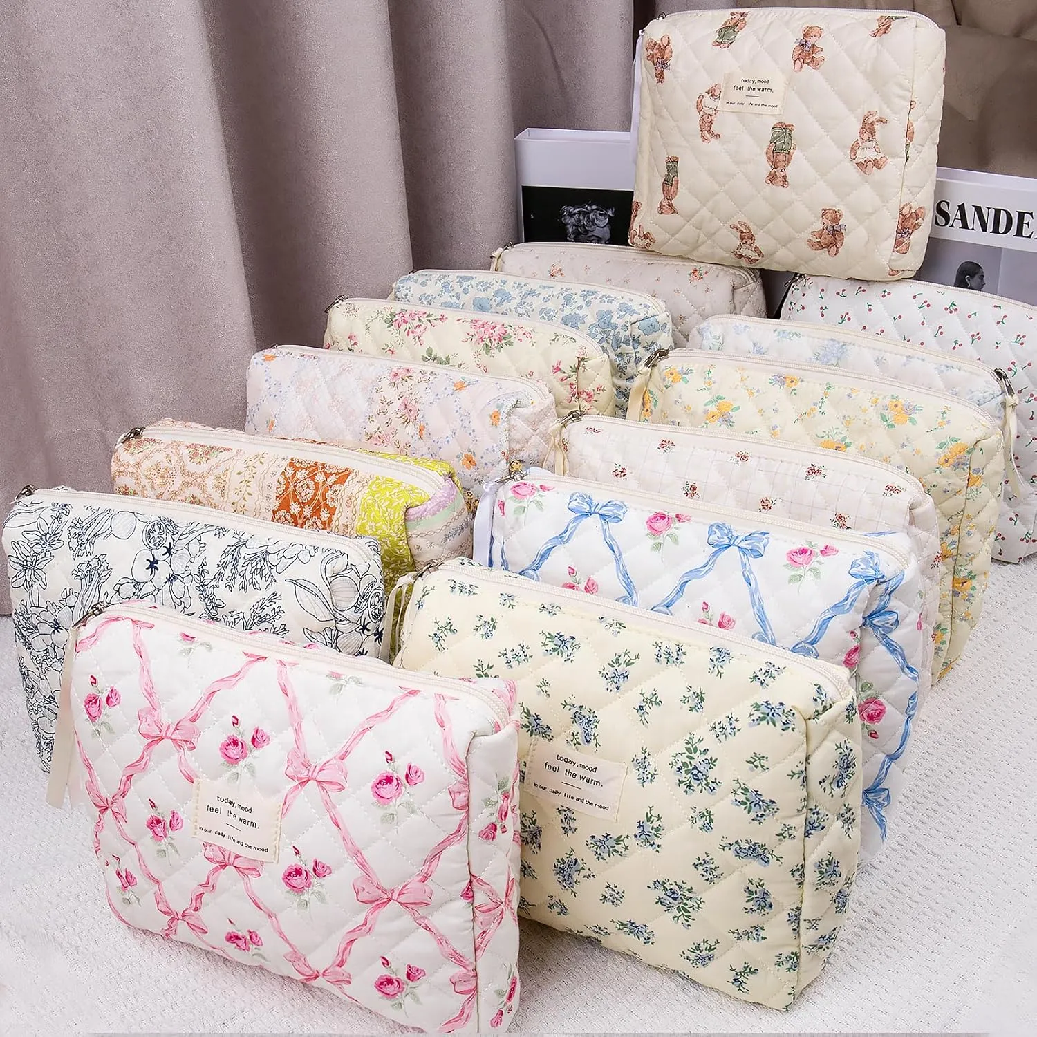 Floral Makeup Bag, Small Cosmetic Bag for Women Girls, Cute Cotton Makeup Bag, Quilted Makeup Bags, Flower Travel Toiletry Organizer Bag(Pink bow ties)
