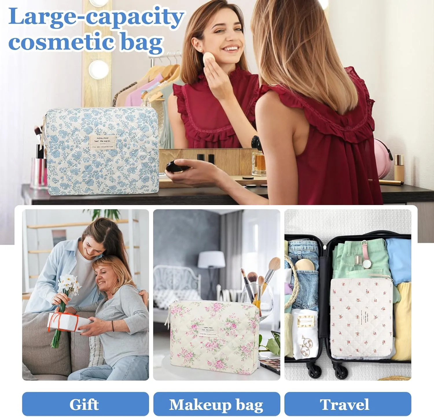 Floral Makeup Bag, Small Cosmetic Bag for Women Girls, Cute Cotton Makeup Bag, Quilted Makeup Bags, Flower Travel Toiletry Organizer Bag(Pink bow ties)