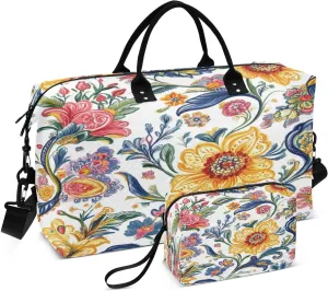 Floral Paisley Plant White Sports Gym Bag for Women Men Travel Duffel Bag Weekend Overnight Carry on Bag with Toiletry Bag for Hospital Plane Swimming Yoga