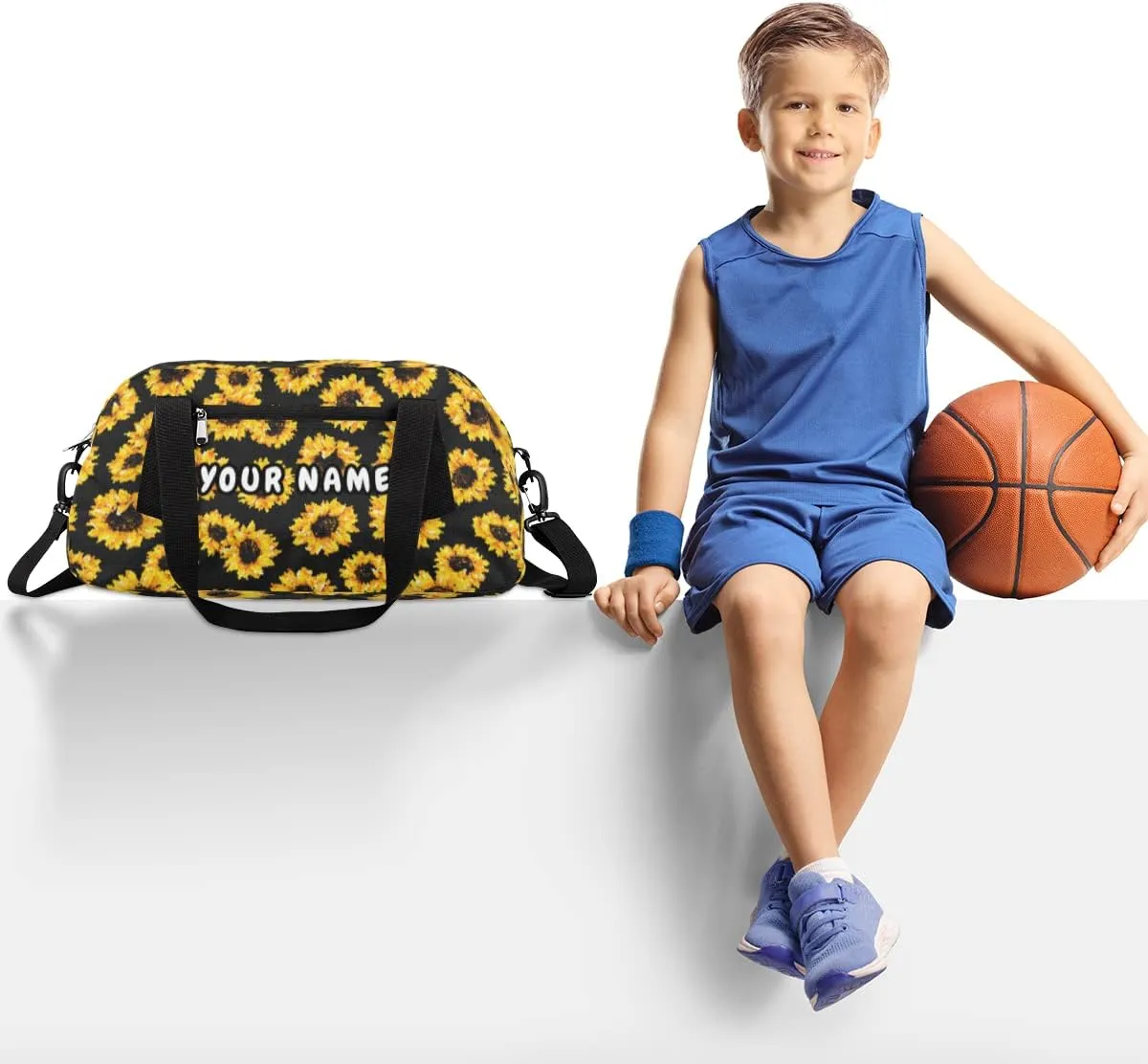 Floral Sunflower Personalized Kids Duffel Bag for Girls Boys, Sunflower Debris Custom Dance Bag Overnight Small Duffel Bag Carry On Weekend Sports Travel Bag for School Practice Gymnastics Ballet