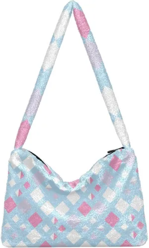 Fluffy Shoulder Bag Cute Plush Underarm Bags Women Ladies Tote Bag Girl Furry Purse Handbag for Autumn and Winter Bling Porcelain Pattern